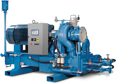 Large blue industrial centrifugal pump system with control panel, motor, pipes, gauges, and sturdy metal base.