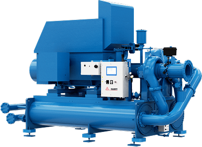 A large industrial blue chiller unit featuring multiple pipes, control panels, and cylinders, used for industrial cooling or refrigeration.