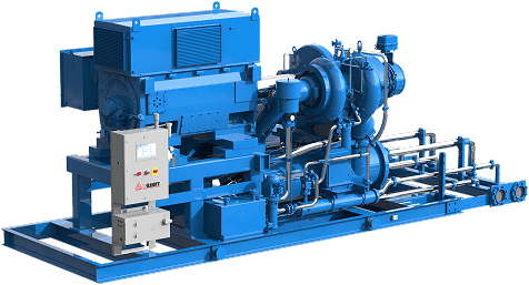Large industrial blue machine with pipes, control panel, and mechanical parts on a metal frame for processing or manufacturing.