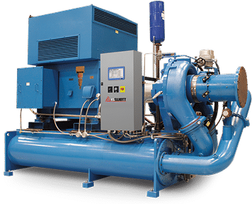 Large industrial blue chiller unit featuring multiple pipes, a central control panel, and mechanical parts for industrial cooling.