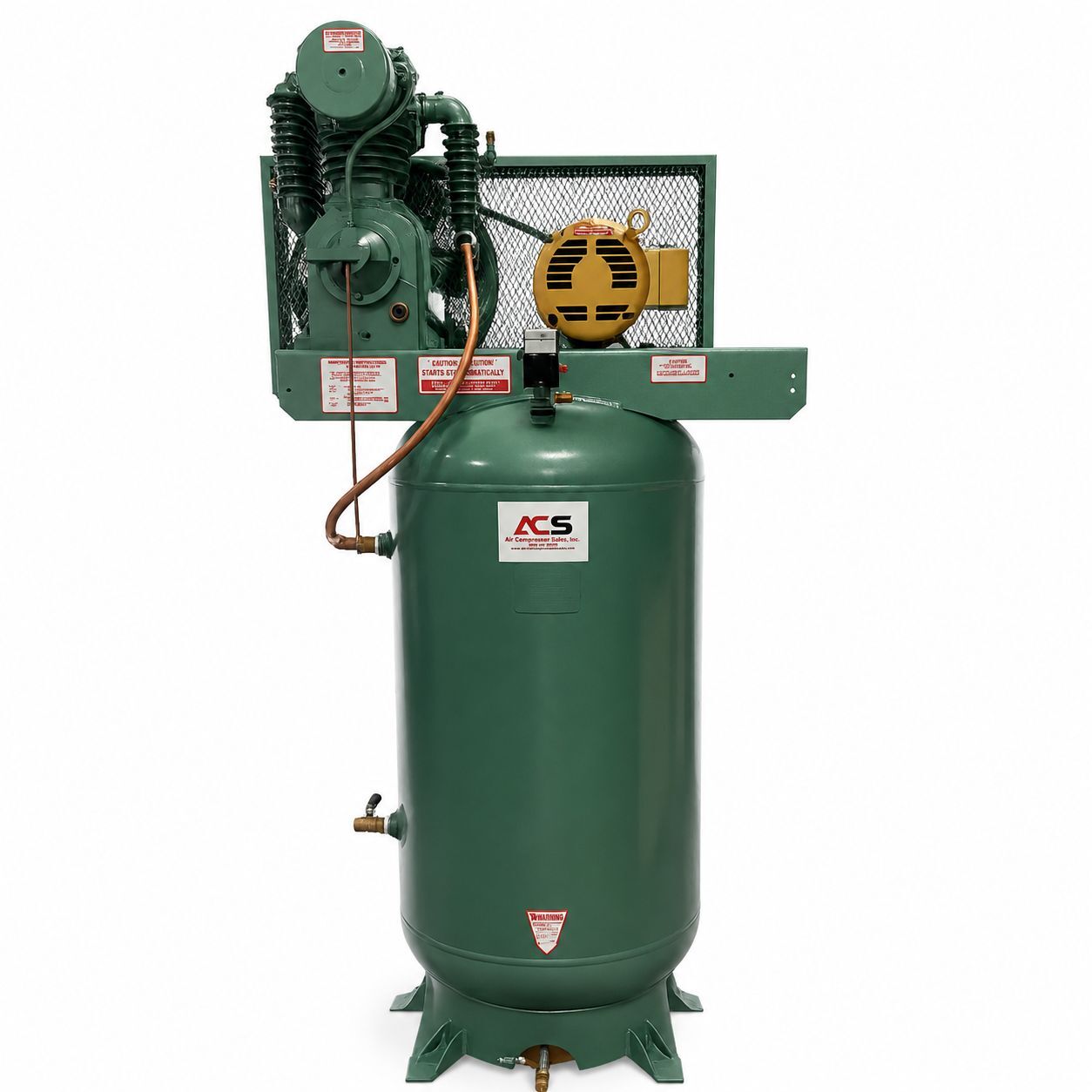 Green industrial air compressor with vertical tank, motor, safety labels, on white background; ACS company logo shown on tank.