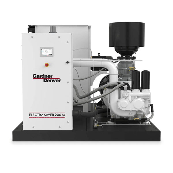 A white industrial air compressor labeled Gardner Denver ELECTRA SAVER 200 G2 with control panel, pipes, and large black cylinder on a black base.
