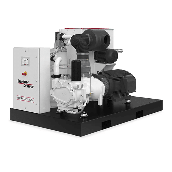 A large industrial air compressor unit labeled Gardner Denver with visible pipes, control panel, and motors on a black base platform.