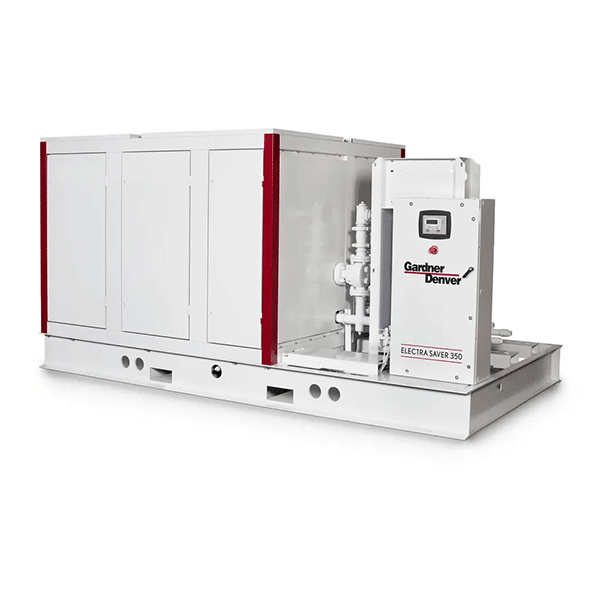 Large white industrial air compressor unit with red accents, control panel labeled Gardner Denver Electra Saver 350 on front right side, plain white background.