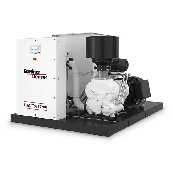 A white industrial air compressor labeled Gardner Denver ELECTRA TS200 with a control panel and mechanical components on a black base.