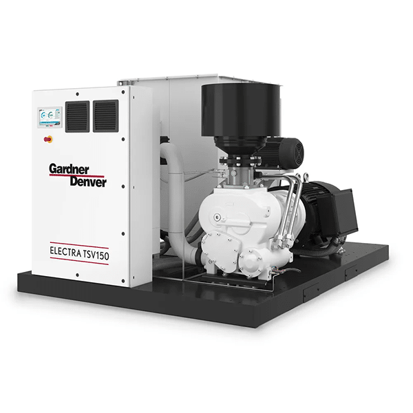 A white industrial air compressor labeled Gardner Denver ELECTRA TSV150 sits on a black base with a large motor, pipes, and control panel.