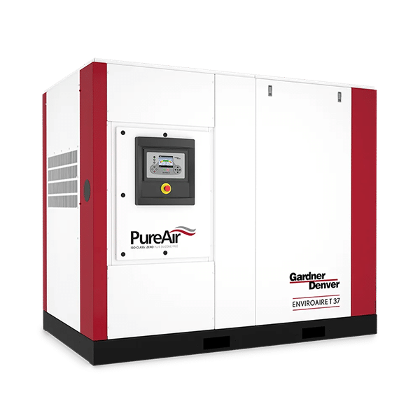 A white and red industrial air compressor with a control panel, labeled PureAir and Gardner Denver ENVIROAIRE T 37, on a plain white background.