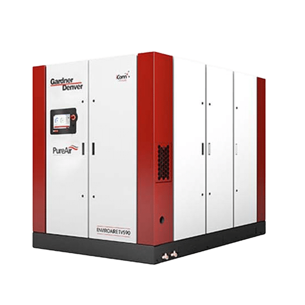Large industrial air compressor with a white and red exterior, digital control panel, labeled Gardner Denver PureAir and ENVIRAIR EVT590 against a plain light background.
