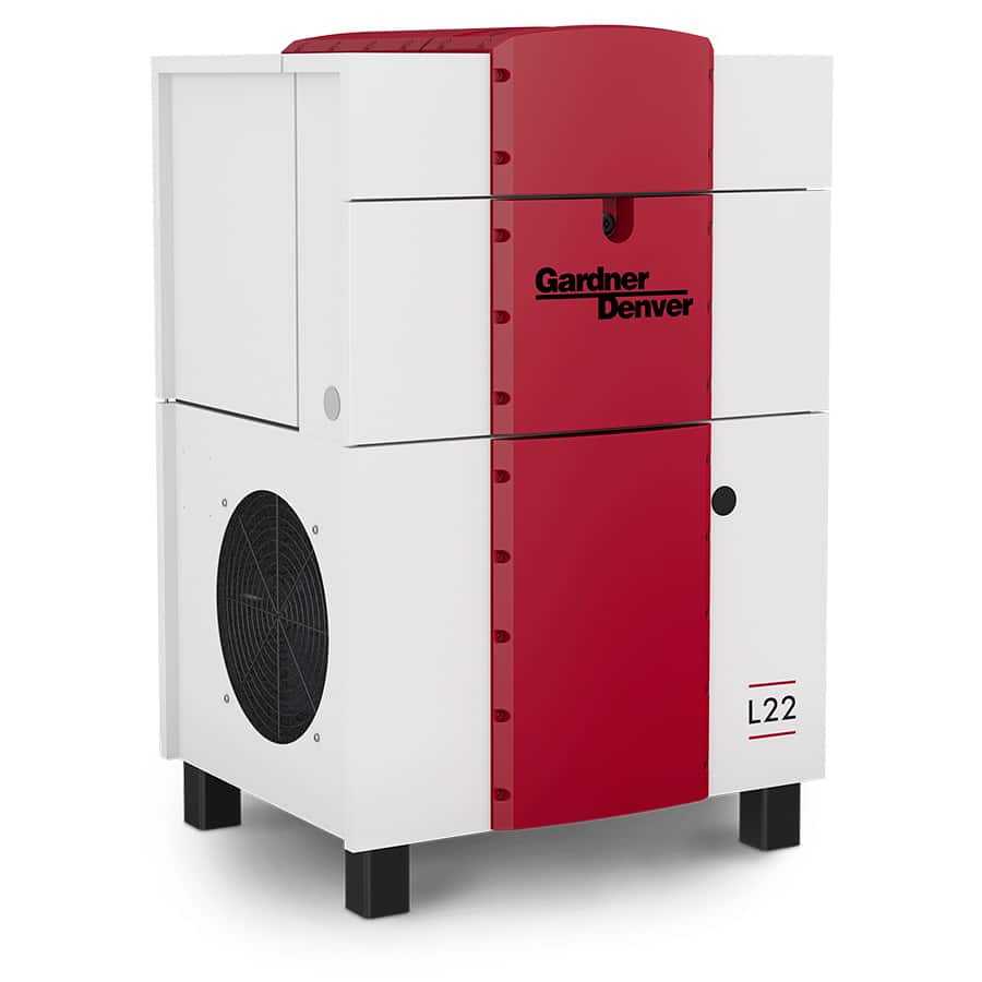 White and red Gardner Denver L22 industrial air compressor featuring a vented side panel and model number on the bottom right corner.