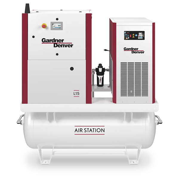 A white Gardner Denver air compressor unit labeled AIR STATION, featuring control panels and red vertical accents on a cylindrical tank.
