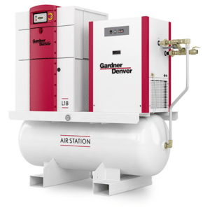 A white and red industrial air compressor unit labeled Gardner Denver and Air Station, mounted on a horizontal white cylindrical tank with valves and gauges on the right side.