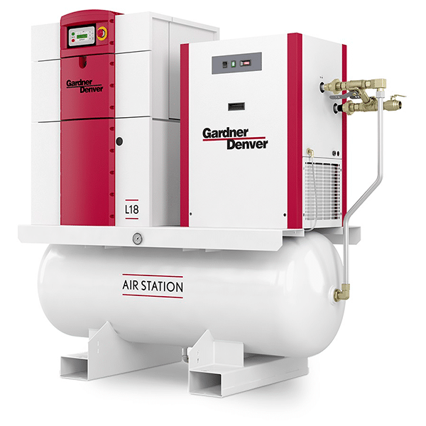 A white and red industrial air compressor unit labeled Gardner Denver and Air Station, mounted on a horizontal white cylindrical tank with valves and gauges on the right side.