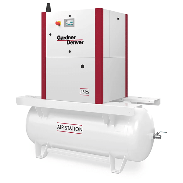 A white and red Gardner Denver L15RS industrial air compressor sits atop a horizontal white air tank labeled AIR STATION with control buttons and a front display.