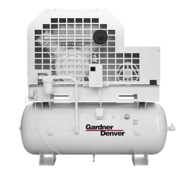 A white Gardner Denver air compressor with cylindrical tank, vents, gauges, and a control panel, viewed from the front on a plain background.