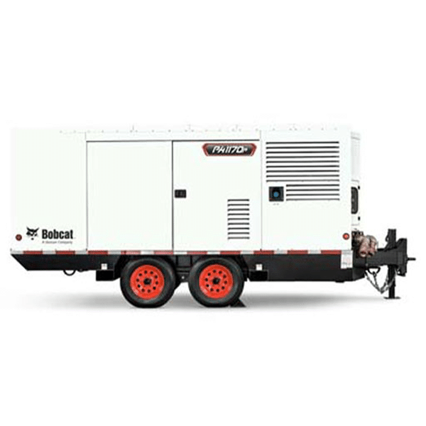 Large white Bobcat portable air compressor with two red wheels on a black trailer hitch, side vents, doors, and the Bobcat logo.