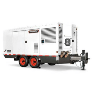 A large white mobile generator on a dual-axle trailer with red wheels, vents, control panels, hitch, and Bobcat branding.