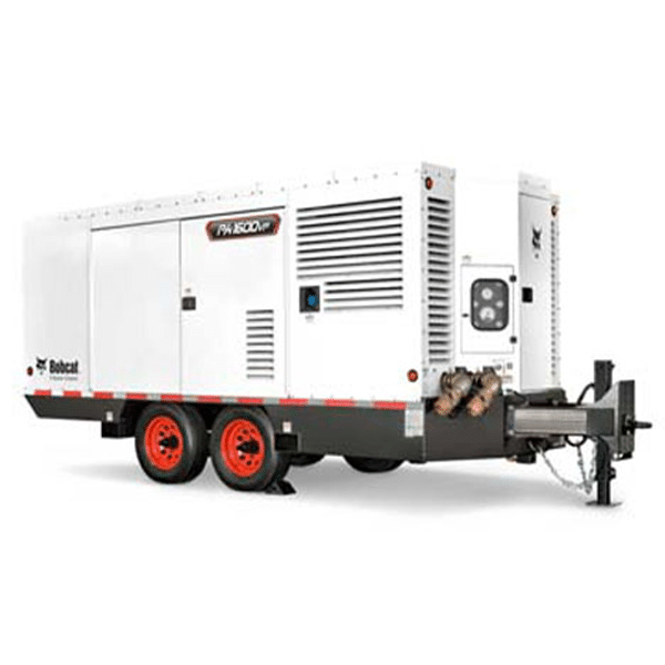 A large white mobile generator on a dual-axle trailer with red wheels, vents, control panels, hitch, and Bobcat branding.