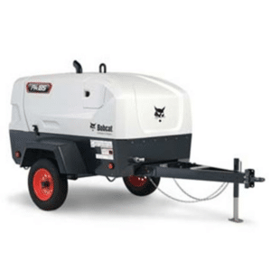 A white and gray Bobcat portable air compressor with two red wheels, a black towing hitch, and a support stand in front.