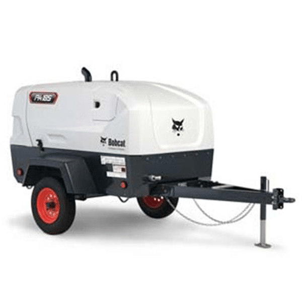 A white and gray Bobcat portable air compressor with two red wheels, a black towing hitch, and a support stand in front.