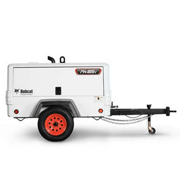 A white portable air compressor trailer with a black frame, red wheel rim, and tow bar. The unit is labeled Bobcat and PA185V on the side.