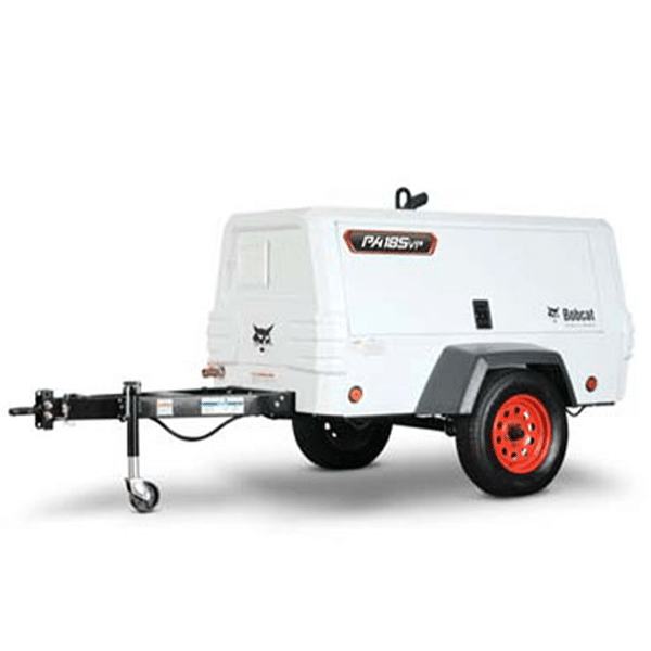 White Bobcat P4 185 portable air compressor with red wheels, black tow bar, and compact design on a plain white background.