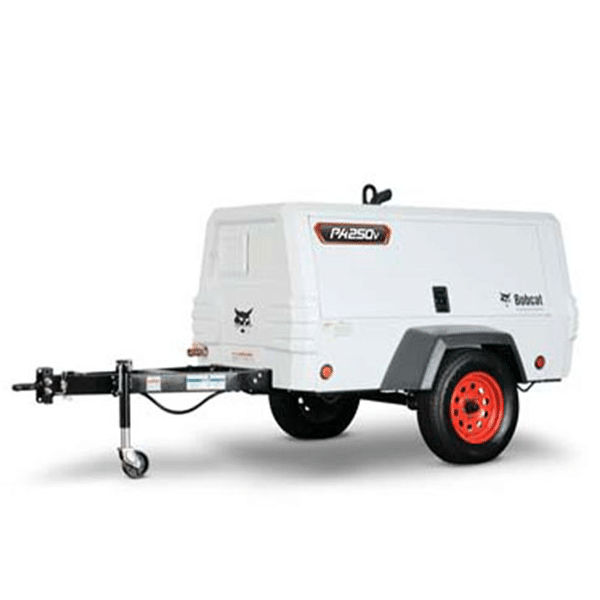A white portable air compressor with red wheels and a tow bar, labeled Bobcat PA250v, designed for transport and outdoor use.