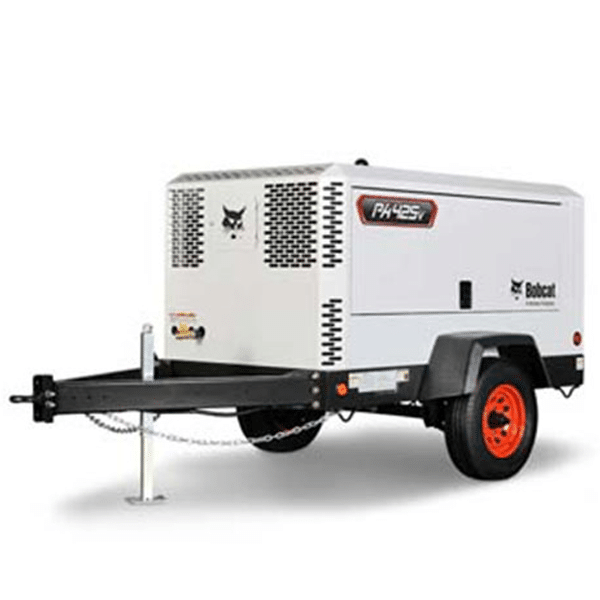 A white Bobcat PH425i portable air compressor sits on a black towable trailer with red wheels and an extended front support leg.