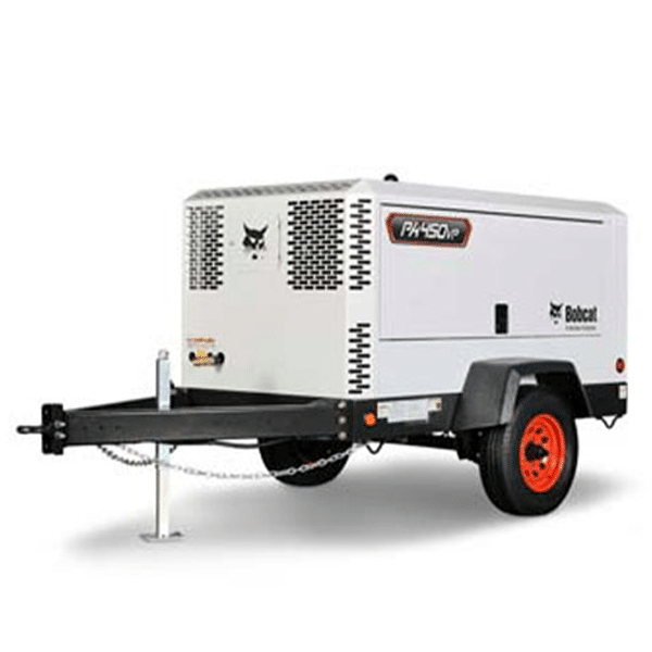 A white Bobcat portable air compressor with red wheels and black trim on a trailer hitch with support stand and safety chains.