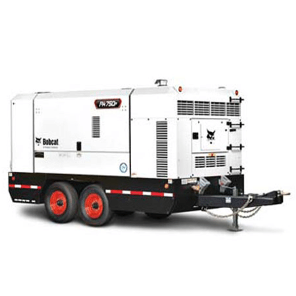 A large white towable industrial air compressor with two wheels and a hitch, branded Bobcat and labeled PA 750 on the side.