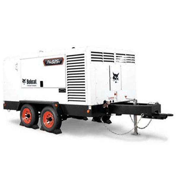 A white Bobcat PA 825V portable air compressor on a dual-axle trailer with red wheels and black fenders, shown on white.