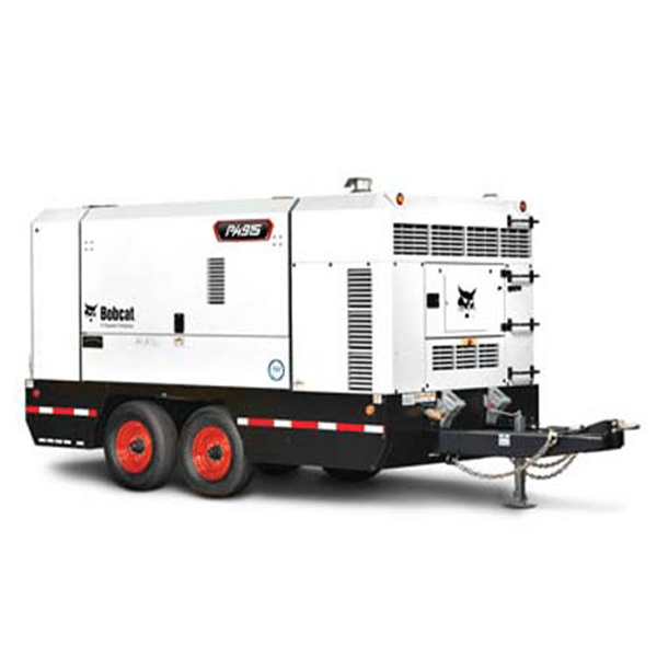 Large white mobile generator on dual-axle trailer with red wheels, black hitch, Bobcat branding, and model number for industrial use.