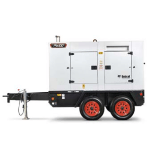 A white enclosed portable generator with red wheels and a black trailer hitch, labeled Bobcat, designed for transport and outdoor use.