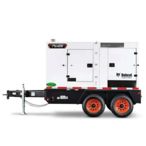 A white Bobcat PG125 mobile generator sits on a black dual-axle trailer with orange wheels and a front hitch for towing.
