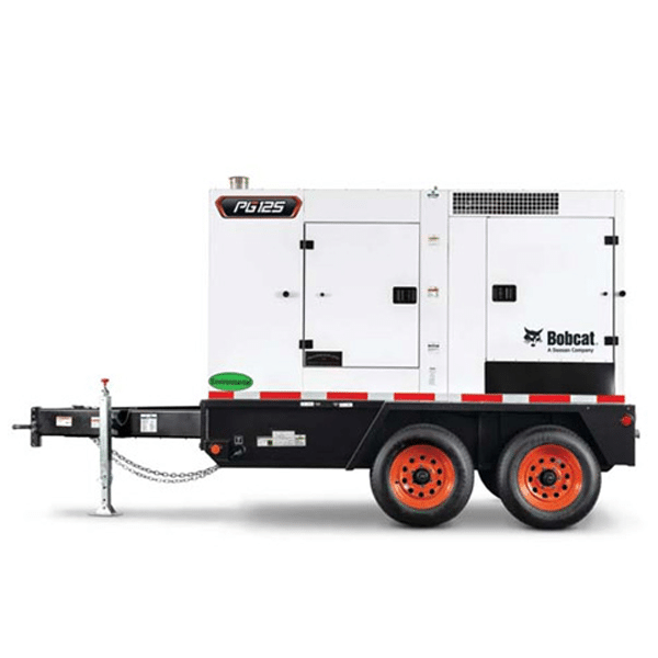 A white Bobcat PG125 mobile generator sits on a black dual-axle trailer with orange wheels and a front hitch for towing.