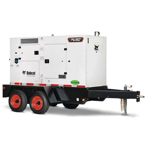 A white Bobcat PG150 generator on a dual-axle trailer with red wheels and a hitch, showing vents, panels, and branding.