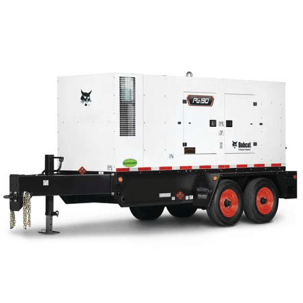 Large white portable generator on black dual-axle trailer with red wheels, company logos, ventilation panels for industrial use.
