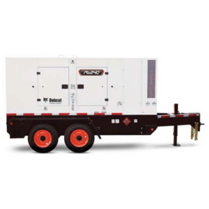 A white and black portable generator unit labeled PG240 by Bobcat, mounted on a two-axle trailer with red wheels and a hitch for towing.