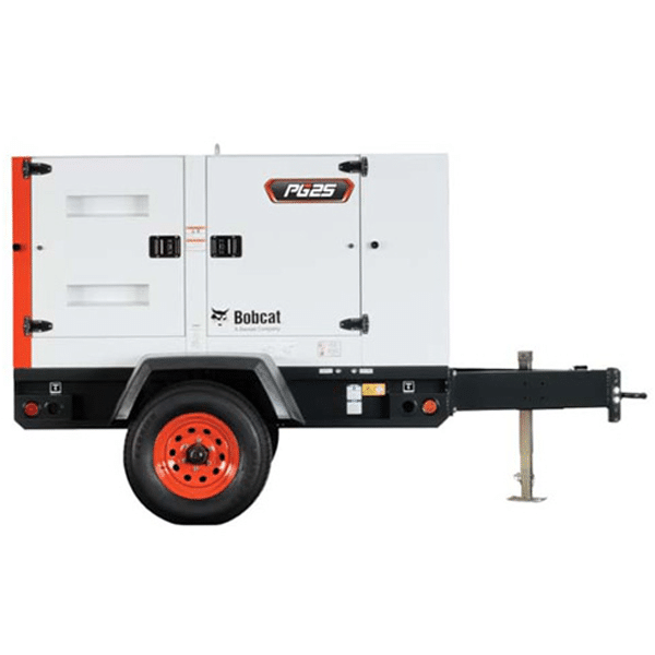 A white and orange portable generator trailer labeled PG25 with a single wheel and hitch, Bobcat branded, side view, plain background.