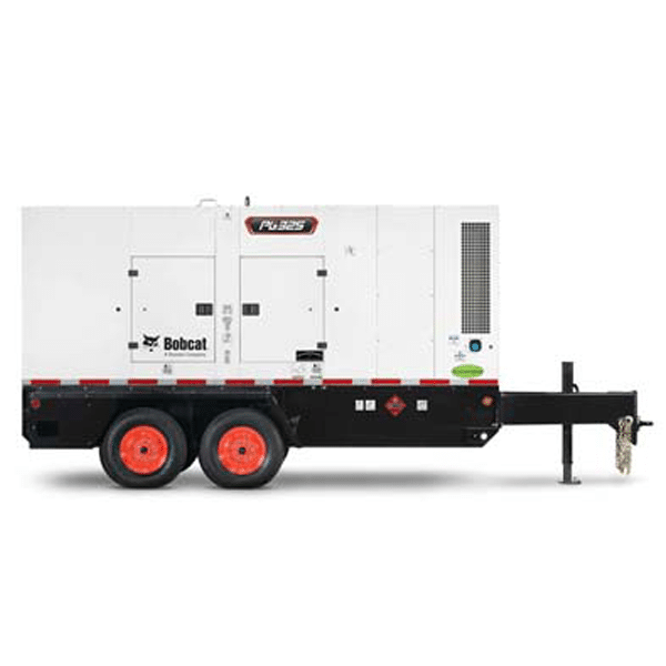 A large white Bobcat generator with two axles and red wheels sits on a black trailer with a front hitch, shown from the side.