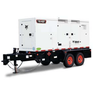A large white mobile generator on a black two-axle trailer with red wheels and a tow hitch, featuring the Bobcat logo and labeled P-400.