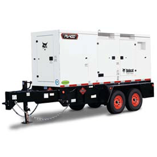 A large white mobile generator on a black two-axle trailer with red wheels and a tow hitch, featuring the Bobcat logo and labeled P-400.