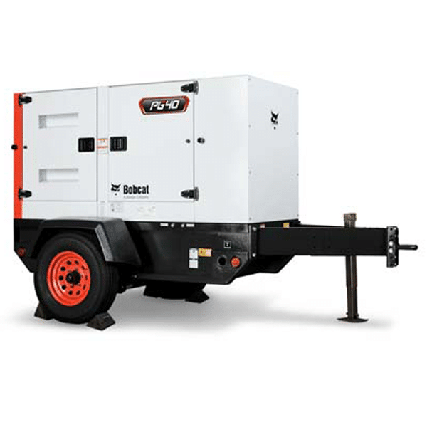 Mobile Bobcat PG40 generator on a trailer, red wheels, white body, black trim, with stabilizing legs and a tow hitch for transport.