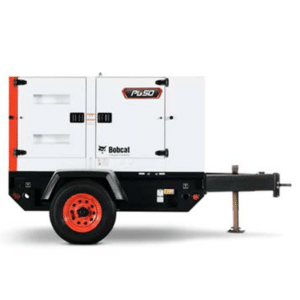 Side view of a white and orange Bobcat PG50 mobile generator on a trailer with black frame, single axle, red rim, and front stand.