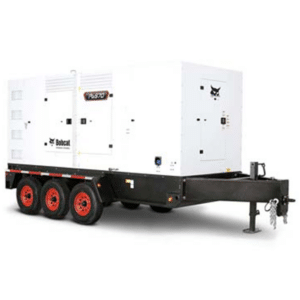 A large white Bobcat generator on a black three-axle trailer with red wheels, vents, side panels, and visible Bobcat logo.