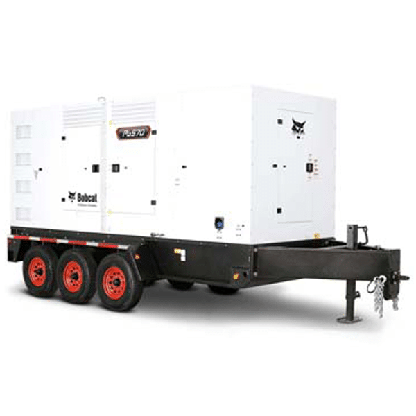 A large white Bobcat generator on a black three-axle trailer with red wheels, vents, side panels, and visible Bobcat logo.