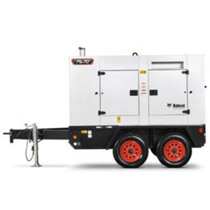 A white and black portable generator on a two-axle trailer with red wheels, stabilizer stands, and a tow bar; Bobcat logo on right side.