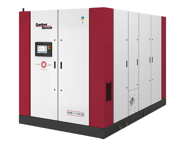Large industrial air compressor with white and red panels, a digital touchscreen control panel, and Gardner Denver branding on the front. Model name PUREAIR TVS355 is visible on the lower right corner.