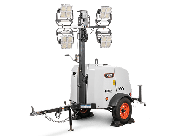 A portable mobile light tower with a white body, orange wheels, and four LED floodlights on an extendable mast sits on a trailer.