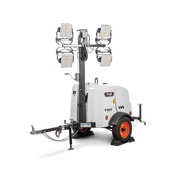 A mobile light tower on wheels featuring four floodlights, tow hitch, stabilizing legs, a white body with red and black accents, and orange-rimmed wheels.