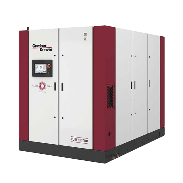 A large industrial air compressor with white and red panels, labeled Gardner Denver and PUREAIR 1110. Control panel visible on front.